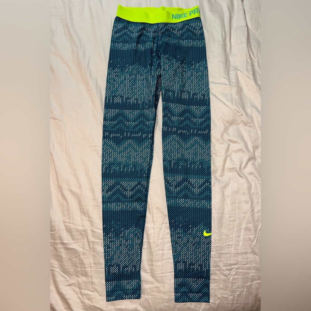 Nike Pro Leggings Blue Teal Neon Green Waistband Size XS - Picture 10 of 12